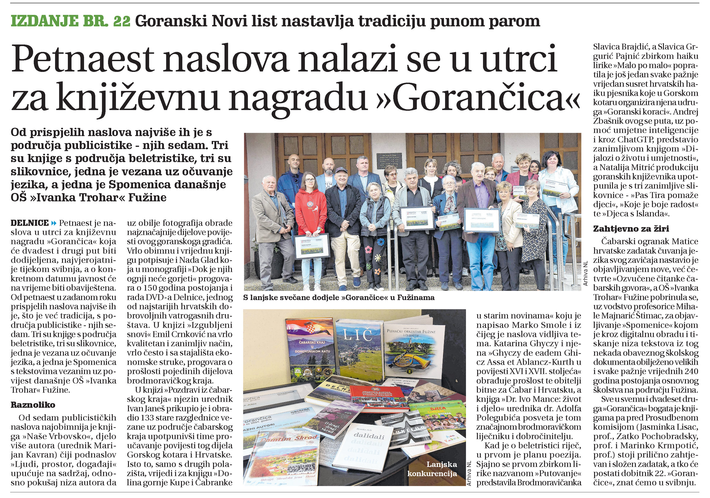 Petnaest naslova nalazi se u utrci za književnu nagradu "Gorančica", članak, novi list