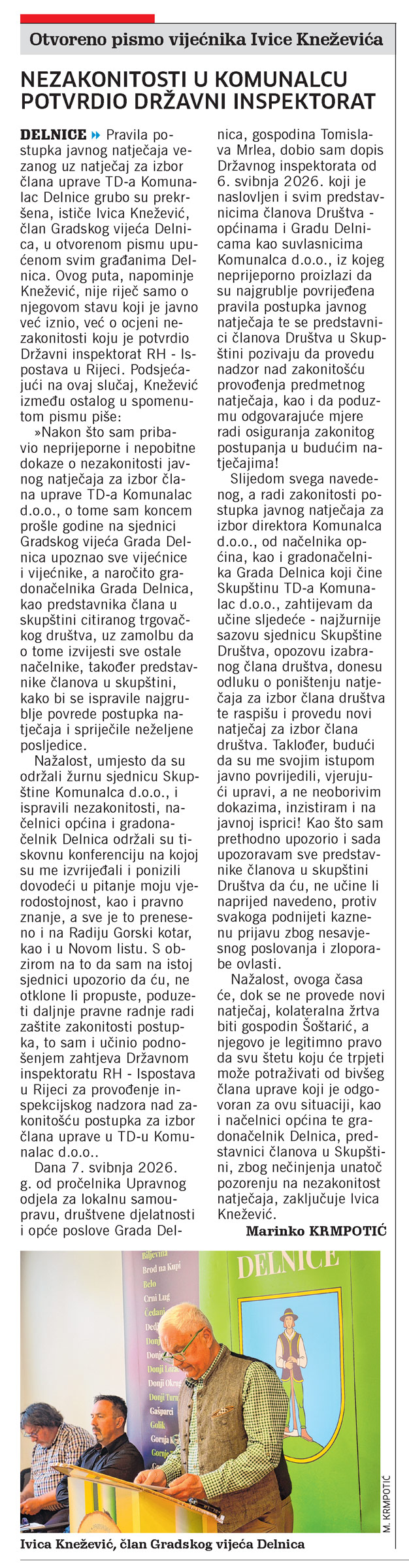 Otvoreno pismo cijećnika Ivice Kneževića, članak, novi list