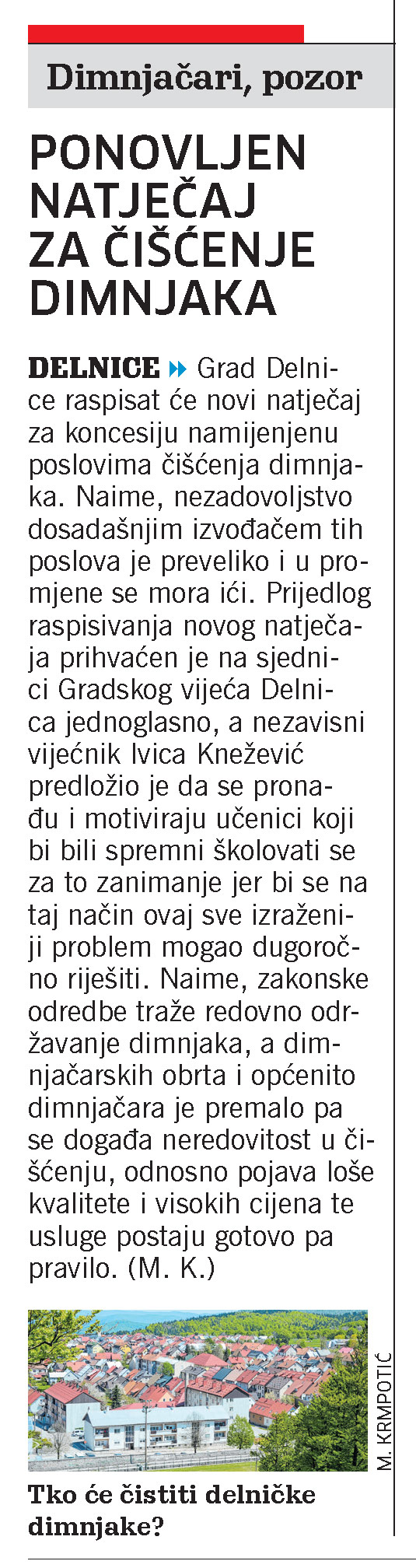 Ponovljen natječaj za čišćenje dimnjaka, članak, novi list
