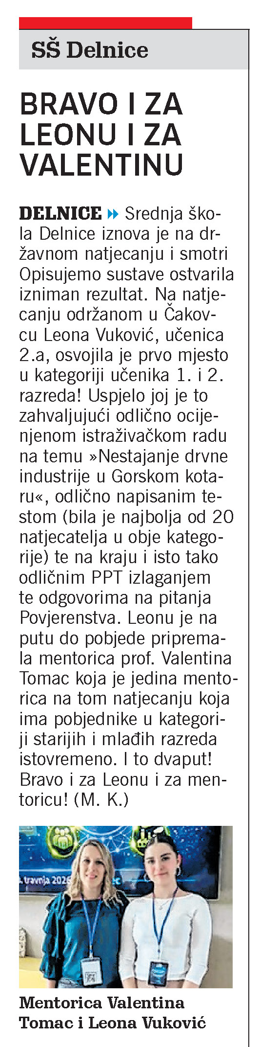 Srednja škola Delnice: Bravo za Leonu i Valentinu, članak, novi list