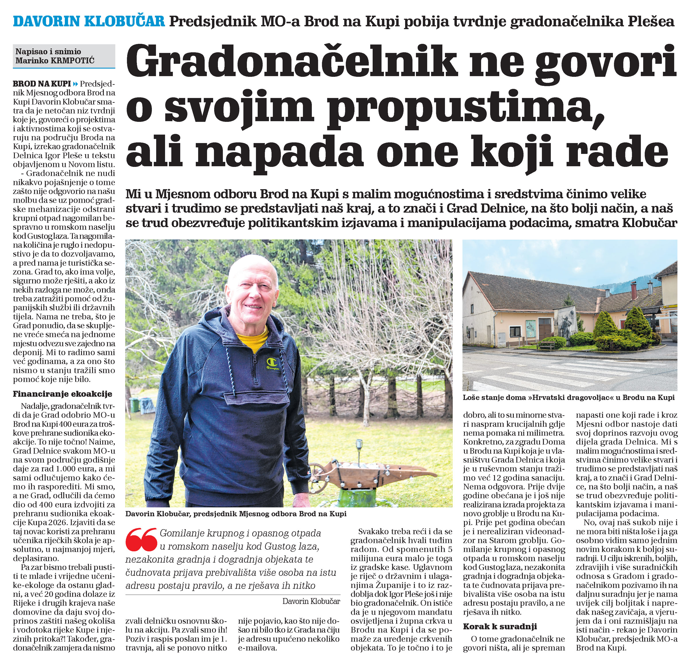 Predsjednik MO-a Brod na Kupi pobija tvrdnje gradonačelnika Plešea, članak, novi list