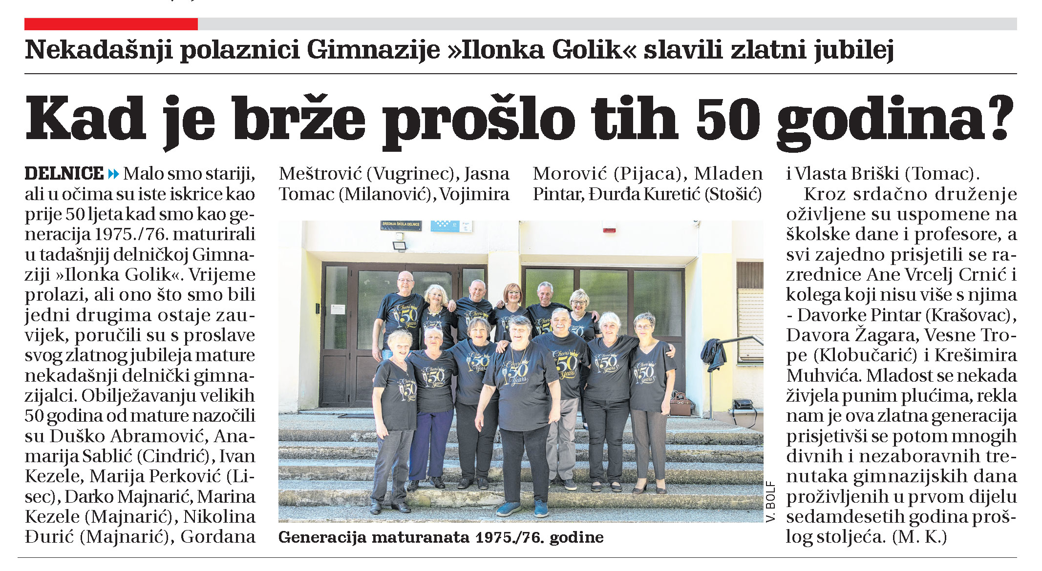 Nekadašnji polaznici Gimnazije "Ilonka Golik" slavili zlatni jubilej, članak, novi list
