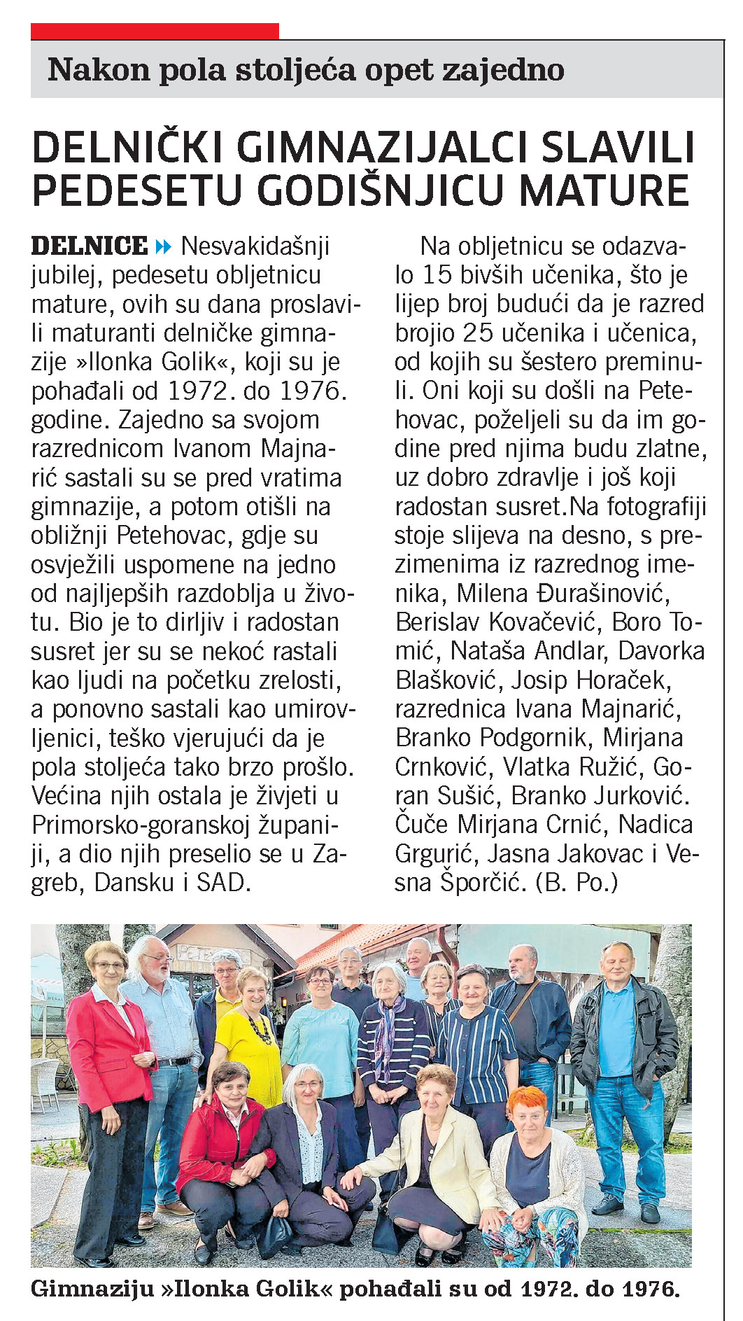 Delnički gimnazijalci slavili pedesetu godišnjicu mature, članak, novi list