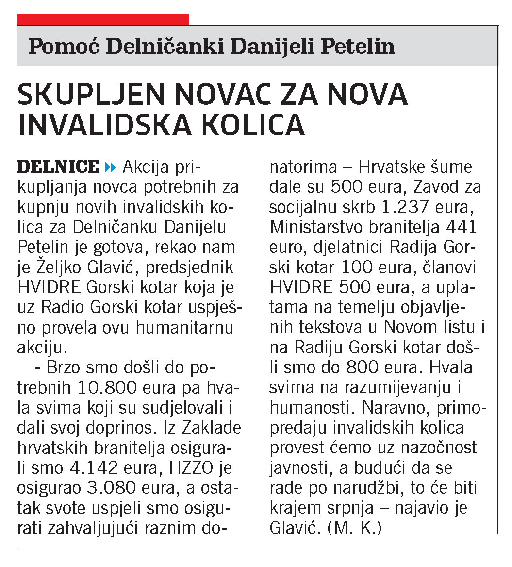 Pomoć Delničanki Danijeli Petelin: Skupljen novac za nova invalidska kolica, članak, novi list