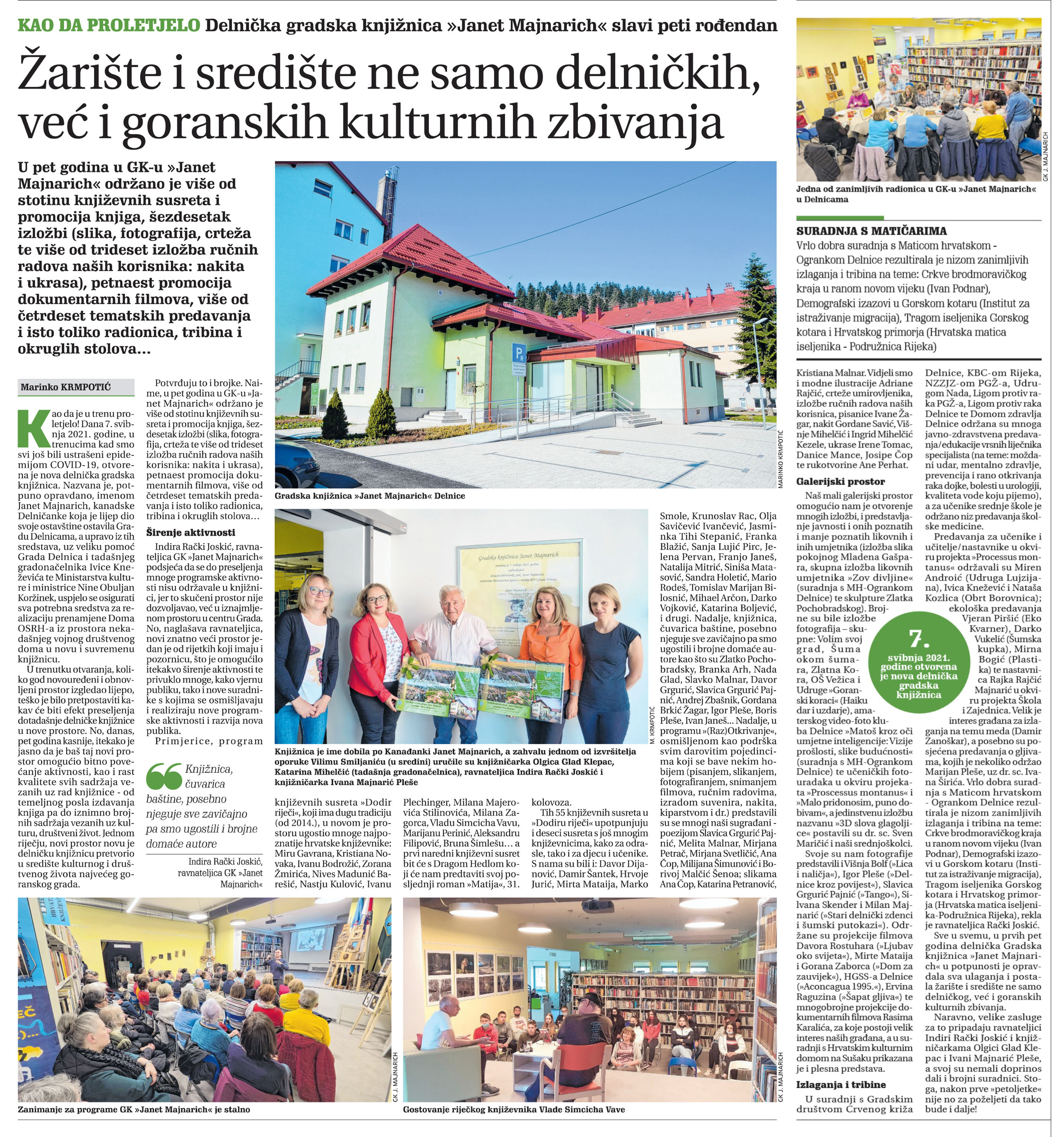 Delnička gradska knjižnica "Janet Majnarich" slavi peti rođendan, članak, novi list