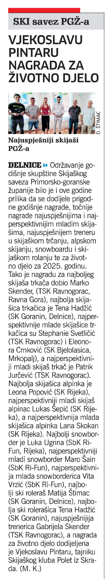 SKI savez PGŽ: Vjekoslavu Pintaru nagrada za životno djelo, članak, novi list
