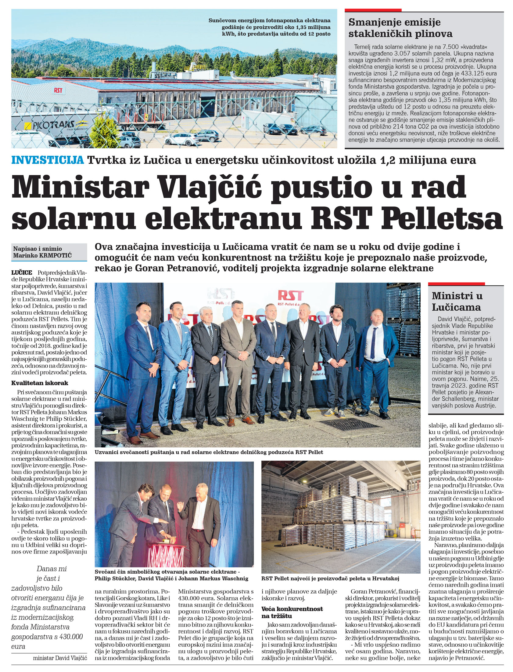 Ministar Vlajčić pustio u rad solarnu elektranu RST Pelletsa, članak, novi list