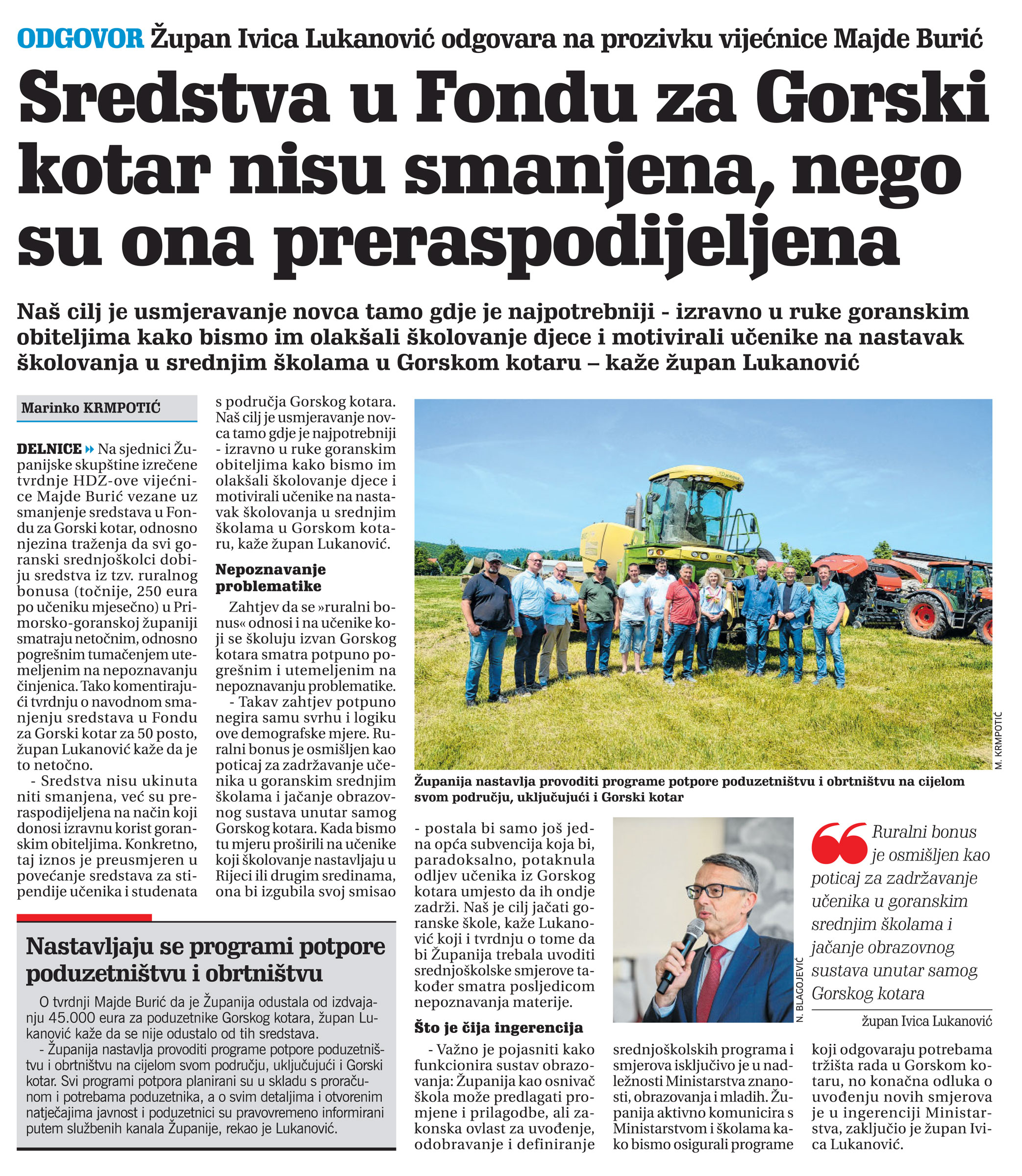Sredstva u Fondu za gorski kotar nisu smanjena, nego su ona preraspodjeljena, članak, novi list