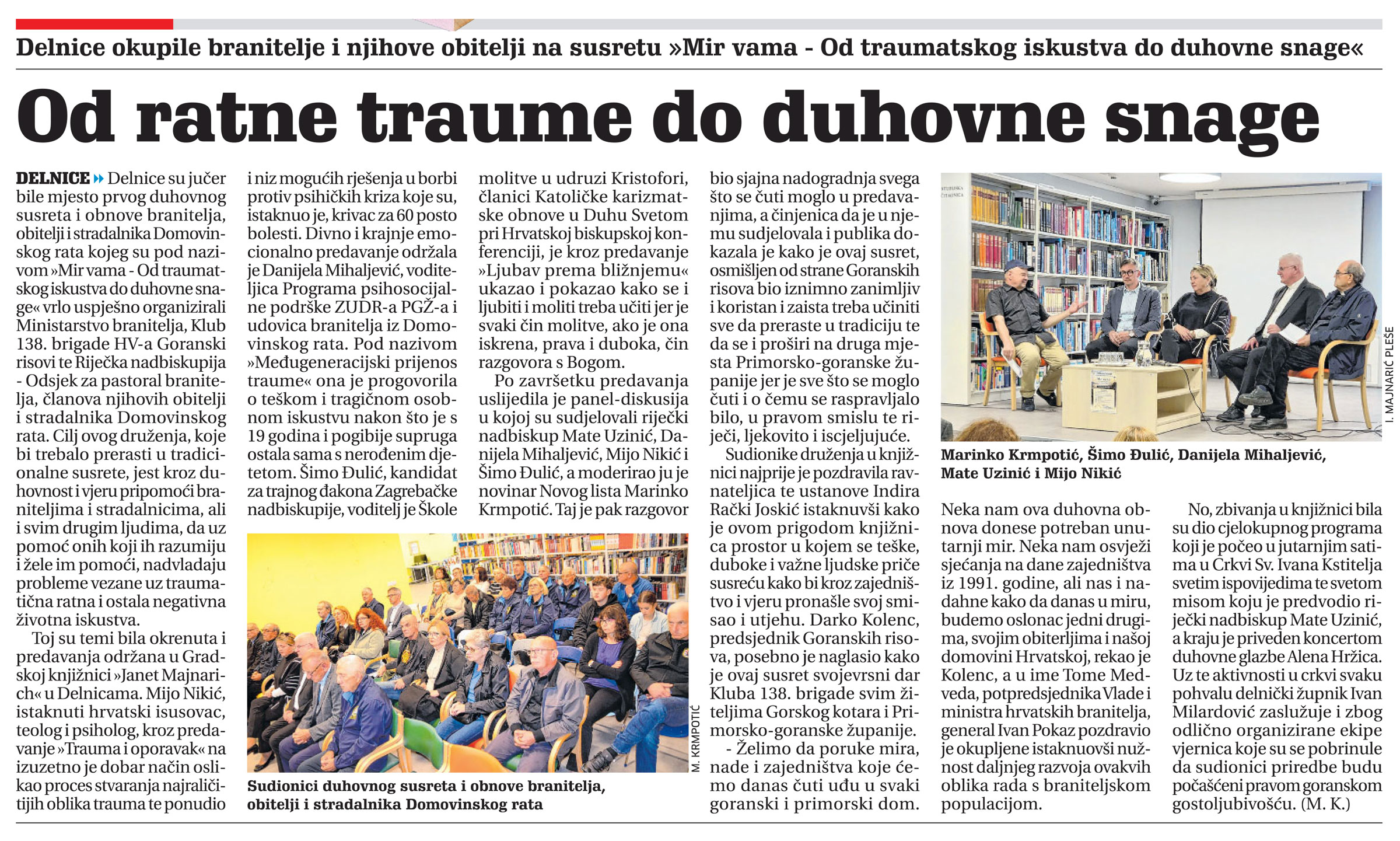 Delnice okupile branitelje i njihove obitelji na susretu "Mir vama - Od traumatskog iskustva do duhovne snage", članak, novi list