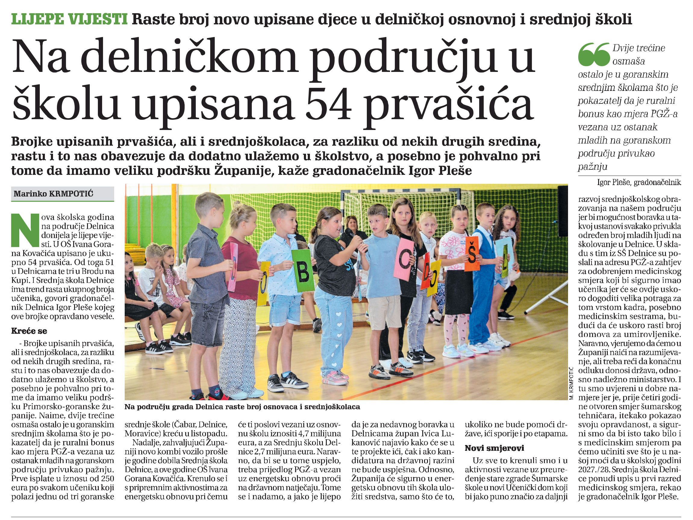 Na delničkom području u školu upisana 54 prvašića, članak, novi list