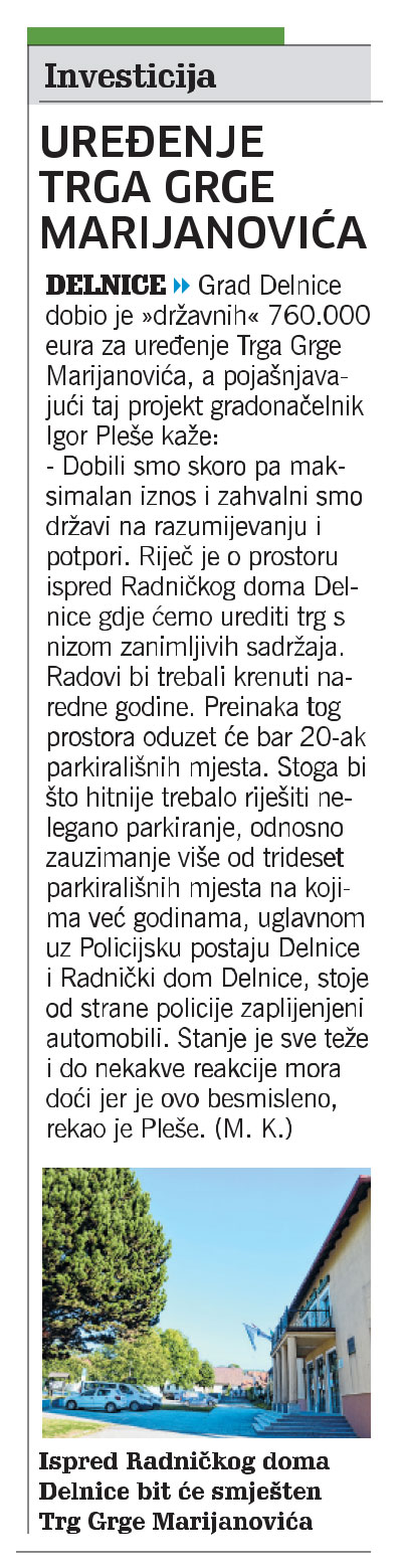 Uređenje Trga Grge Marjanovića, članak, novi list
