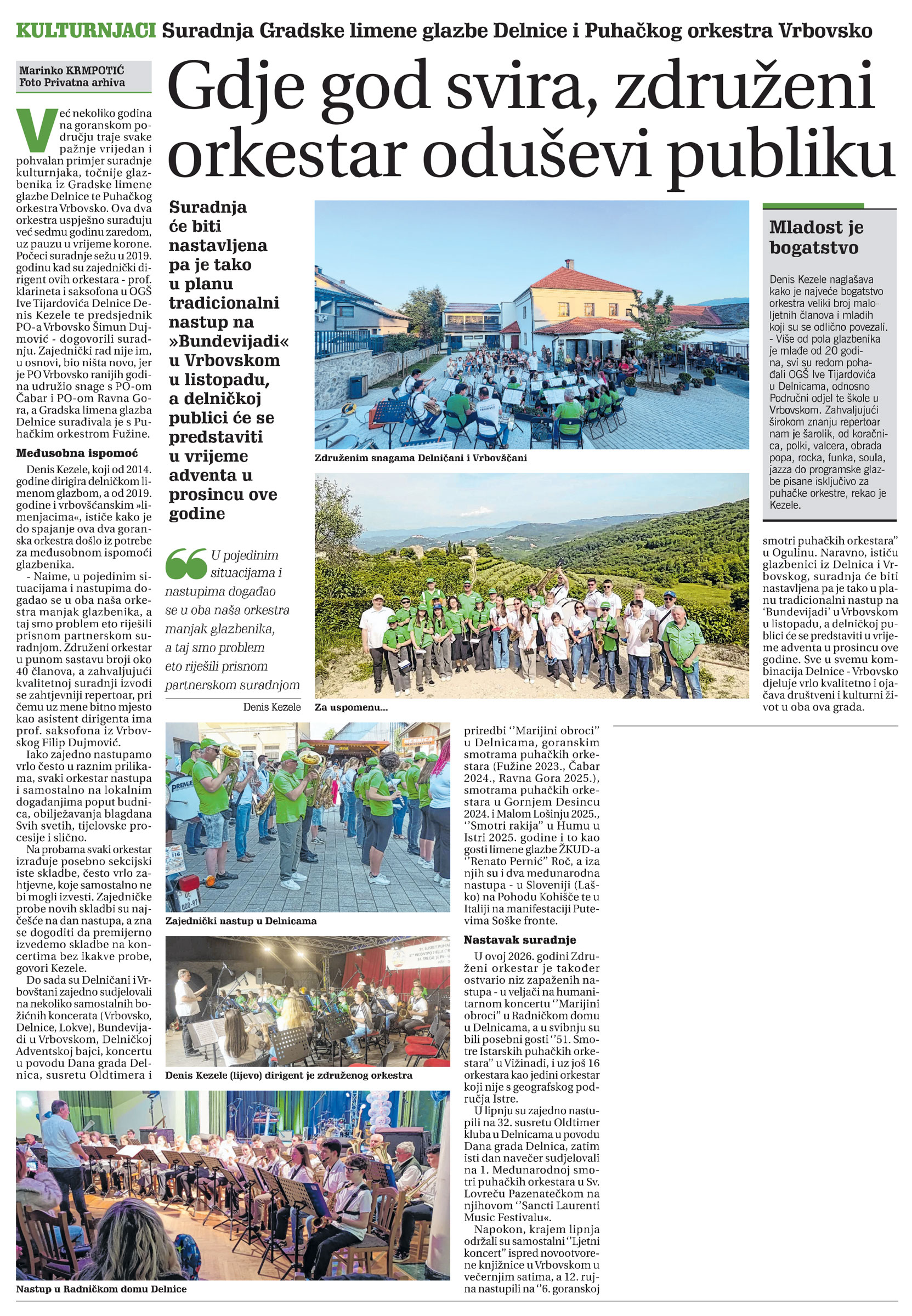 Suradnja Gradske limene glazbe Delnice i Puhačkog orkestra Vrbovsko, članak, novi list