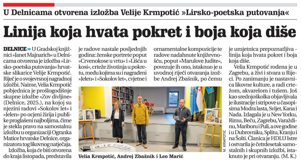 U Delnicama otvorena izložba Velije Krmpotić "Lirsko-poetska putovanja", članak, novi list