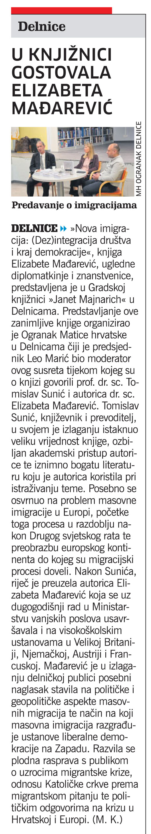 U knjižnici gostovala Elizabeta Mađarević, članak, novi list