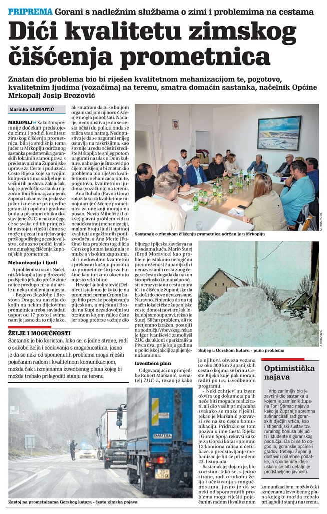Gorani s nadležnim službama o zimi i problemima na cestama, članak, novi list