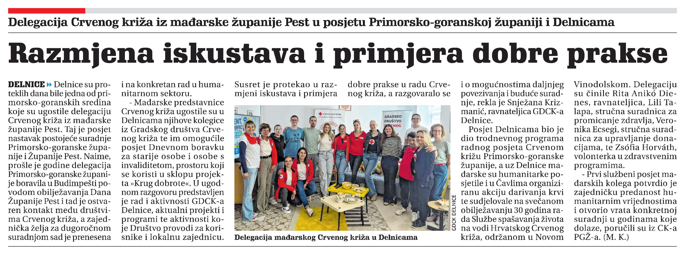 Delegacia Crvenog križa iz mađarske županije Pest u posjetu Primorsko-goranskoj županiji i Delnicama, članak, novi list